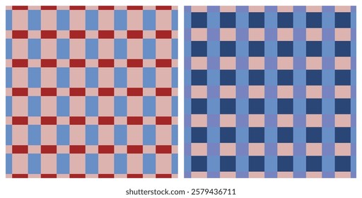 Multicolored red and blue grid seamless repeat pattern set. Bundle of geometric check aop, all over surface print.