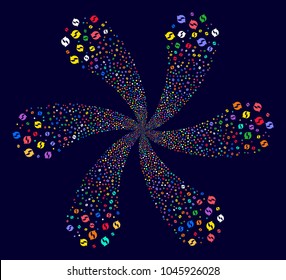 Multicolored Refresh centrifugal twist on a dark background. Vector abstraction. Psychedelic flower with six petals composed from random refresh symbols.