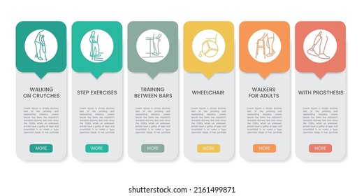 Multicolored rehabilitation infographics, icons in colored rectangles, vector layout