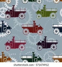 Multicolored retro car on a blue background, pattern. Vector