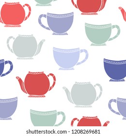 Multicolored retro teapots and cups on a white background. Decorative seamless pattern