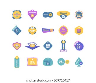 Multicolored Retro Theme Website Banner Set, Card, Flyer, Tag Ad Design. Colorful Sale Badge Illustration Collection. Flat Style Discount Balls Isolated on White Background