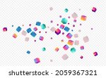 Multicolored Rhombus Vector Transparent Background. Holographic Perspective Brick Brochure. Graphic Box Paper. Rainbow Confetti Geometric Pattern.