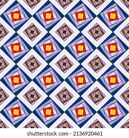 Multi-colored rhombuses are arranged in rows and create a colorful pattern. Seamless geometric pattern for packaging, business. Vector illustration.