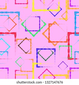 Multicolored rhombuses and squares in the intersection on a pink background. Bright abstract pattern of geometric carved and fancy shapes.