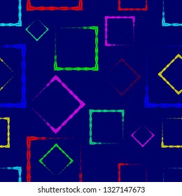 Multicolored rhombuses and squares on a blue background. Bright abstract pattern of geometric carved and fancy shapes.
