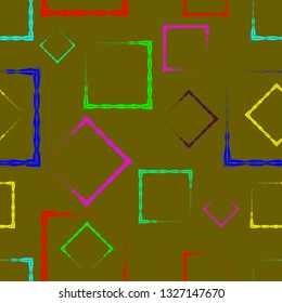 Multicolored rhombuses and squares on a mustard background. Bright abstract pattern of geometric carved and fancy shapes.