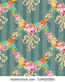 Multicolored Roccoco Vector Roses Garland Seamless Pattern