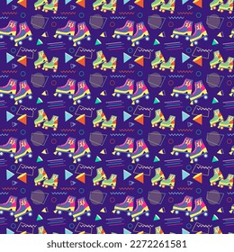 Multicolored roller skates. Retro 90s pattern. Vector illustration. Dark background with geometric shapes in memphis style. For covers and brochures, flyers and posters, fashion design and more.