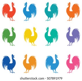 Multicolored rooster silhouettes.