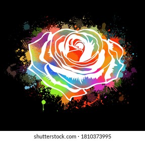 A multi-colored rose on a black background. T-shirt print. Vector illustration