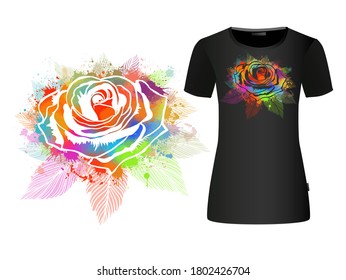 Una rosa multicolor. Impresión de camisetas. Ilustración del vector