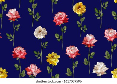 Multi-colored roses hand drawn vector seamless pattern. Red, yellow, cream, pink flowers, branches, green leaves on dark blue background.Design for textile, wallpapers,wrapping paper.Watercolor stile.