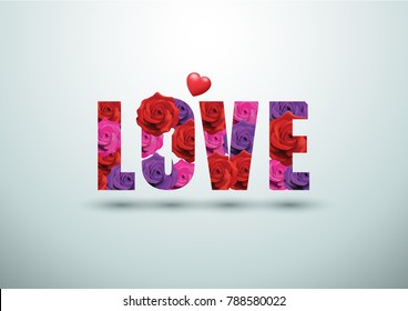 Multi-colored roses in love word Vector illustration Valentine's Day concept for background. Wallpaper, flyers, invitation, posters, brochure, banners.