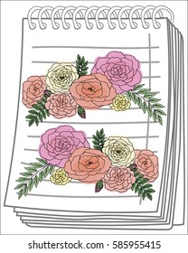 Multicolored roses on notebook background. Vector illustration. Free hand drawn.