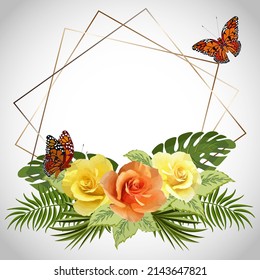 Multicolored roses and palm leaves.Colored vector illustration with roses, palm leaves and butterflies in a gold frame decor.