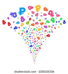 Multicolored Rouble explosion fountain. Object fountain constructed from random rouble pictograms as fireworks. Vector illustration style is flat iconic symbols with psychedelic colors.