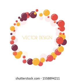 Multicolored round banner, frame of circles. Randomly scattered colored bubbles.  Childish vibrant round dots on white background for decoration. Vector illustration.