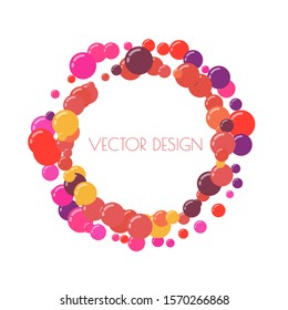 Multicolored round banner, frame of circles. Randomly scattered colored bubbles.  Childish vibrant round dots on white background for decoration. Vector illustration.