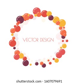 Multicolored round banner, frame of circles. Randomly scattered colored bubbles.  Childish vibrant round dots on white background for decoration. Vector illustration.