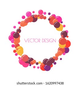 Multicolored round banner, frame of circles. Randomly scattered colored bubbles.  Childish vibrant round dots on white background for decoration. Vector illustration.