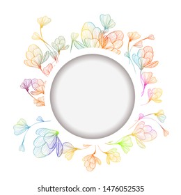 multicolored round frame. Greeting card of rainbow tulips. Vector illustration