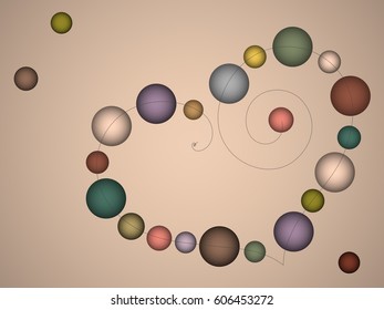 Multicolored, round, glowing from within, different size, heart-shaped love jewelry female decoration beads on a dark gray thread on a cream background, horizontal. Vintage, soft colors and calm.