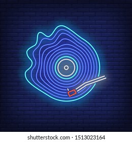 Multicolored round platter neon. Music, sound, dj. Night bright advertisement. Vector illustration in neon style for banner, billboard