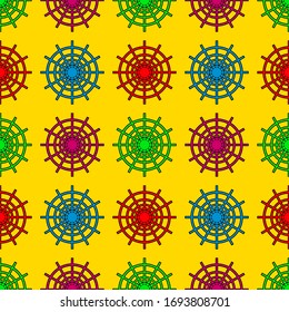 Multicolored round spiderweb on a yellow background, seamless pattern, texture for design, vector illustration