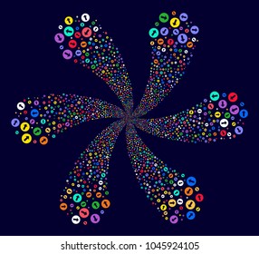 Multicolored Rounded Arrow curl flower shape on a dark background. Vector abstraction. Suggestive twirl organized from randomized rounded arrow objects.