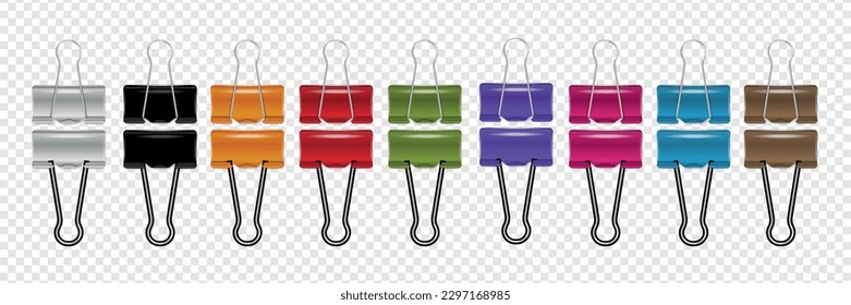 Multicolored row of paper binder clips at transparent background realistic set isolated vector illustration