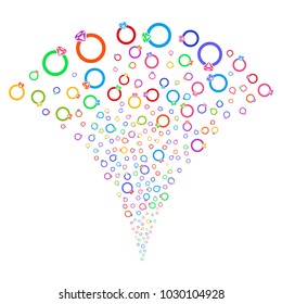 Multicolored Ruby Ring exploding fountain. Object fountain done from random ruby ring design elements as fireworks. Vector illustration style is flat iconic symbols with psychedelic colors.