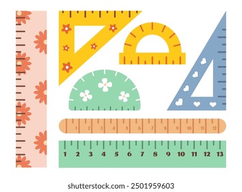 Multicolored rulers set. Cute stationery and school rulers with floral elements. Hand drawn vector illustrations isolated on transparent background.