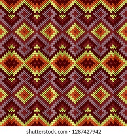 Multicolored saturated knitted seamless pattern with geometric decorative figures, vector as a fabric texture