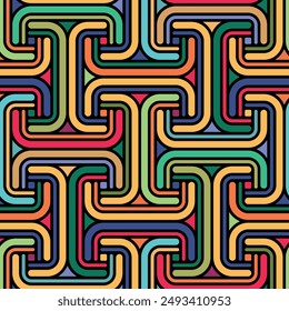 Multicolored sayagata design with interlocking striped geometric elements on a black background. Ethnic modern style. Seamless repeating pattern.