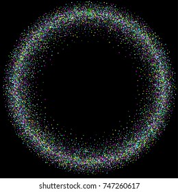 Multicolored scattered chaotically confetti on a black background. Luxury festive background. Element of design. It is suitable for postcards, banners, posters. Vector illustration, EPS 10.