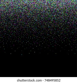 Multicolored scattered chaotically confetti on a black background. Luxury festive background. Element of design. It is suitable for postcards, banners, posters. Vector illustration, EPS 10.