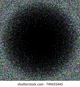 Multicolored scattered chaotically confetti on a black background. Luxury festive background. Element of design. It is suitable for postcards, banners, posters. Vector illustration, EPS 10.