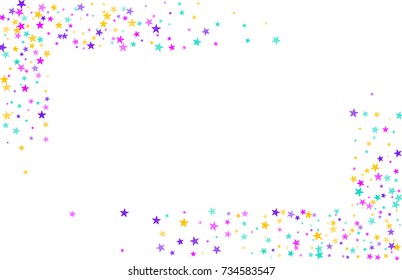 Multicolored scattered chaotically confetti-stars on white. Luxury festive background. Element of design. It is suitable for business cards, banners, posters. Vector illustration, EPS 10.