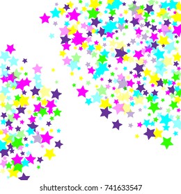 Multicolored scattered chaotically confetti-stars on white. Luxury festive background. Element of design. It is suitable for business cards, banners, posters. Vector illustration, EPS 10.