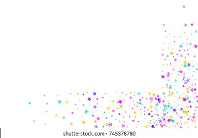 Multicolored scattered chaotically confetti-stars on white. Luxury festive background. Element of design. It is suitable for business cards, banners, posters. Vector illustration, EPS 10.