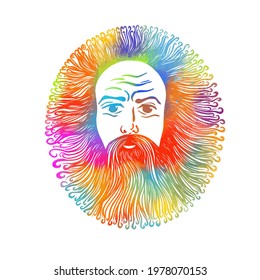 Multicolored scenic sea portrait of a man. Graphic face of a bearded and long-haired man. Vector illustration
