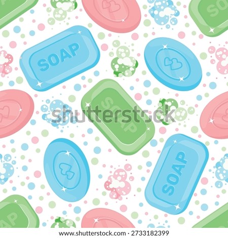 Multicolored scented soap bubbles seamless pattern. Soapy cleanser wet froth. Cleaning suds. Cosmetic bar. Repeated print. Toiletry mousse. Antibacterial bath lather. Hand hygiene. Vector background