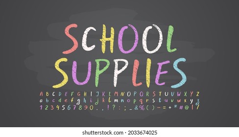 Multicolored school chalk style font. Vector alphabet letters and numbers on dark chalkboard