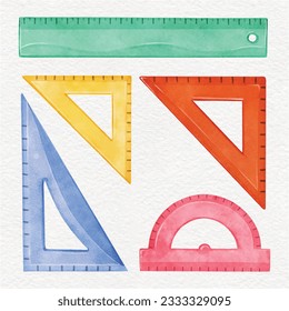 Los gobernantes de escuelas multicolores se aíslan en el fondo blanco. colección de reglas de acuarela dibujadas a mano. Protractor, gobernantes, gobernantes triangulares con escala