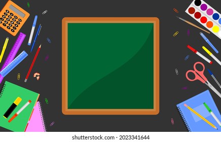 Multicolored school stationery accessories with a green school board in the center on a dark gray background. Flat vector illustration. Top view