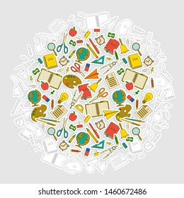 Multicolored school tools round composition with isolated stationery icon set in white and multi colors vector illustration