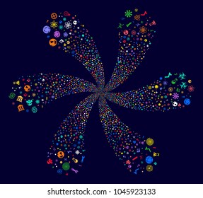 Multicolored Science Symbols exploding twist on a dark background. Vector abstraction. Impressive whirlpool designed from scatter science symbols items.