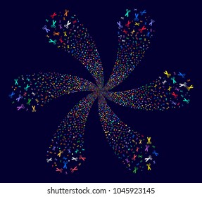 Multicolored Scissors centrifugal flower with six petals on a dark background. Vector abstraction. Impressive spiral designed from random scissors objects.