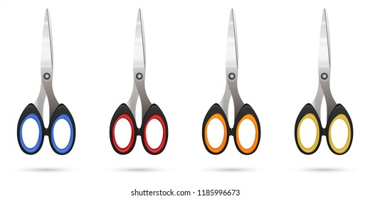Multicolored scissors set with plastic handles on a white background. Realistic vector illustration
